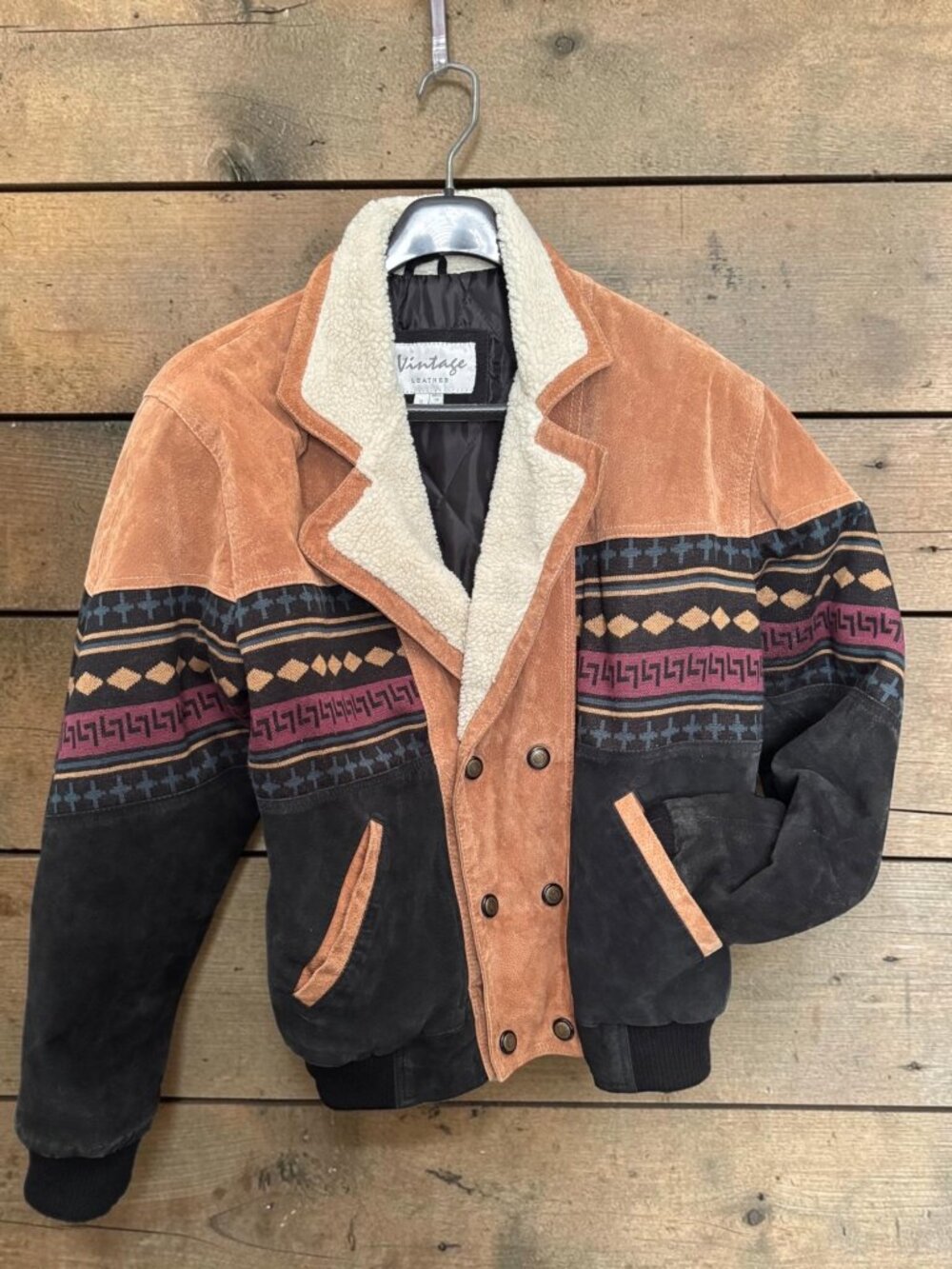 Vintage Leather Western-Style Bomber Jacket With Aztec Pattern Sherpa Collar And
